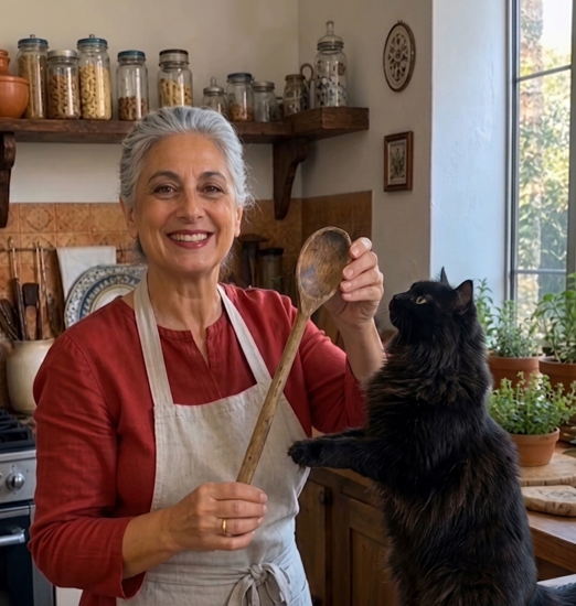 Nonna Maria con il suo gatto in cucina