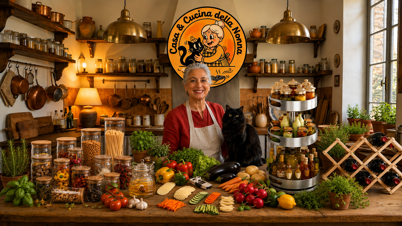 La Nonna sorridente nella sua cucina con il gatto nero, barattoli della dispensa e verdure fresche sul tavolo